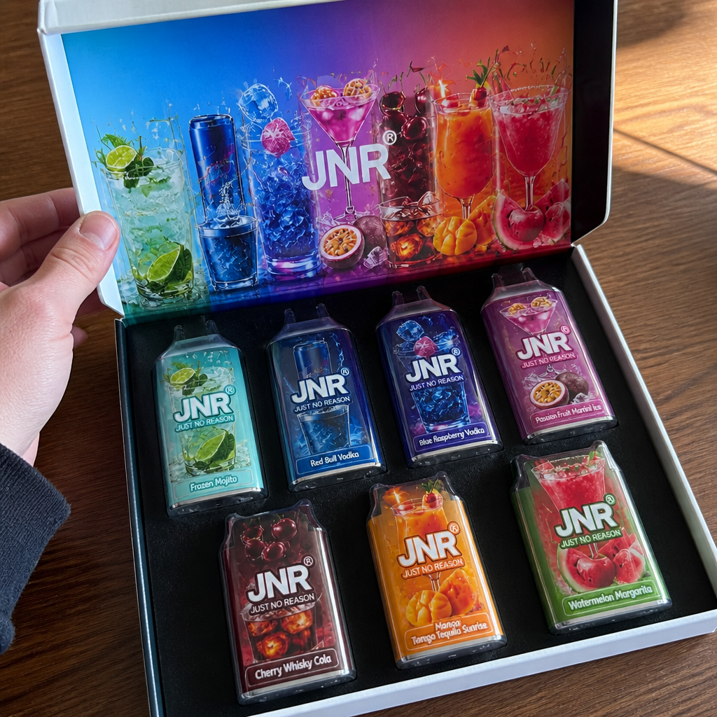 Coffret de puffs JNR aux saveurs cocktails ouvert